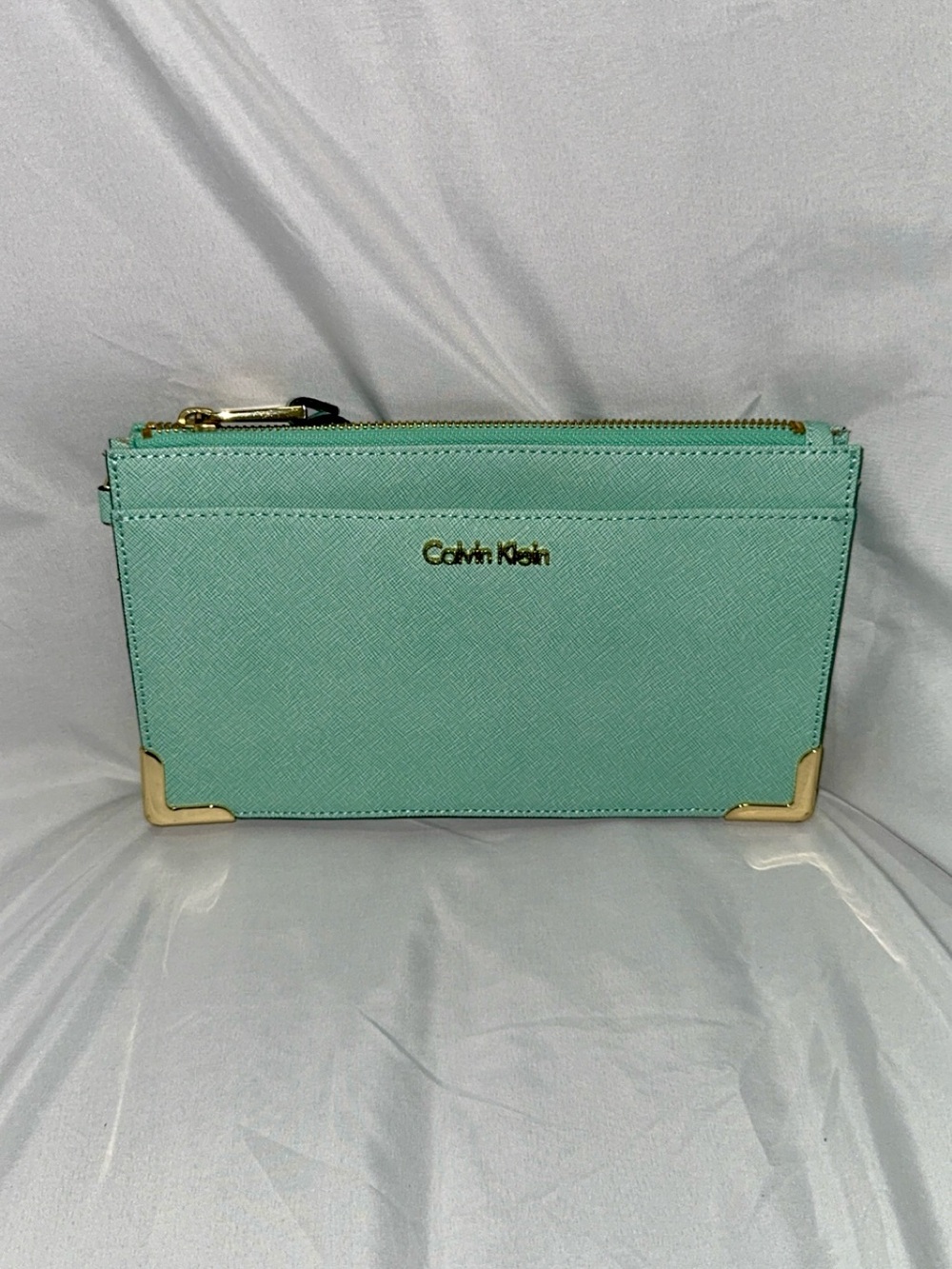 Calvin Klein Mint Green “On My Corner” Saffiano Zip Wristlet with Gold Corners